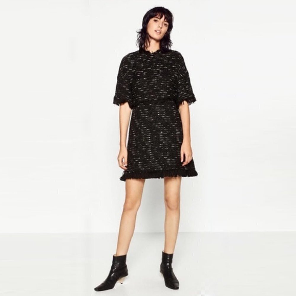 Zara Black Tweed Fringe Short Sleeve Mini Dress XS